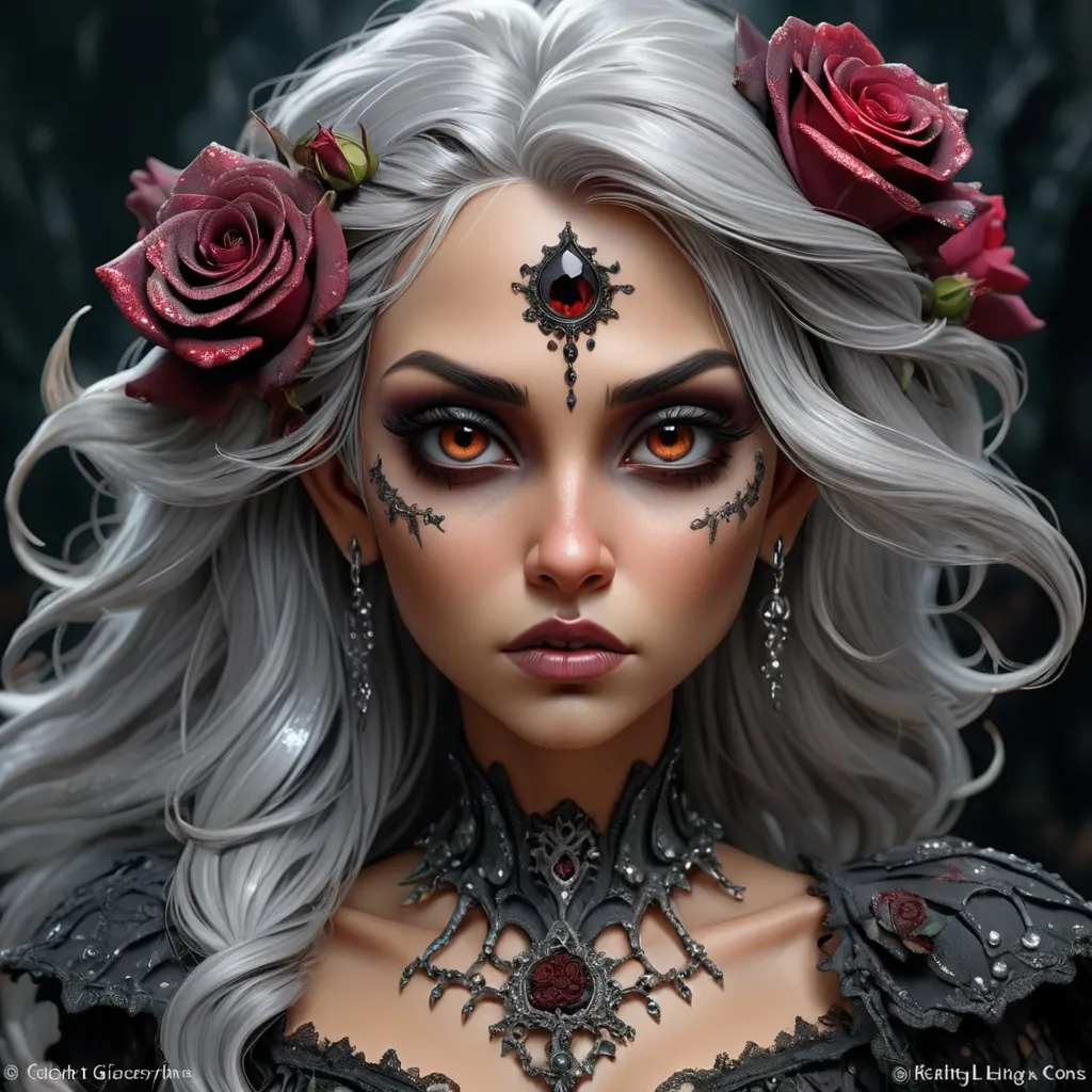 Prompt: DucHaitenNiji, mdjrny-v4 style hyper detailed beautiful dark fairy, silver hair, hyper focused, with glitter black, dead roses, bones laying haphazardly, dark colors, ominous, intricate extremely detailed fantasy intricate elegant portrait detailed face coherent face highly detailed digital painting keith garvey Diego Gisbert Llorens fantasy, hyper realistic, intricate detail, dark moody aesthetic, deep highlights and low lights, shadows, contrast