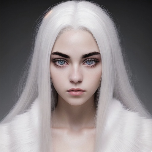 Prompt: beautiful 20 year old women with white hair, white eyebrows, light skin, realistic, ultrarealistic, high quality art, bright eyes, long hair, beauty, real, long hair, symmetrical, anime wide eyes, fair, delicate, medieval, wearing a big fur coat 