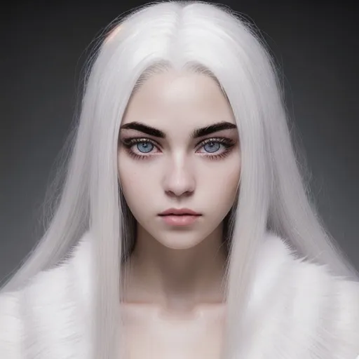 Prompt: beautiful 20 year old women with white hair, white eyebrows, light skin, realistic, ultrarealistic, high quality art, bright eyes, long hair, beauty, real, long hair, symmetrical, anime wide eyes, fair, delicate, medieval, wearing a big fur coat 