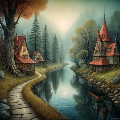 Prompt: Wet on wet watercolor, magical river that takes you to wonderland in the style of Esao Andrews, Ivan Bilibin, Catrin Welz-Stein, Daniel Merriam, Jacek Yerka, Megan duncanson, Michelangelo. Reflective light. Dreamy. highly detailed, extremely detailed, intricate, very attractive, high detail, wallpaper, award winning, fantastic view, high definition, crisp quality, colourful, hdr, VRay