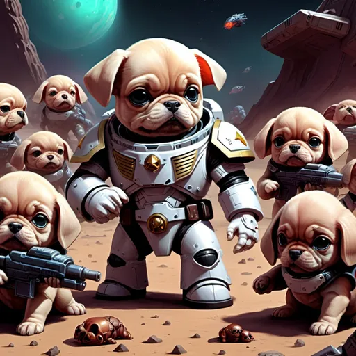 Prompt: A Starfleet space marine fighting an army of the cutest little alien puppies. Distant planet. Doom. Full render. Full color.