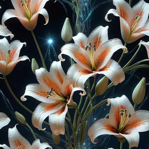 Prompt: Large blooming ((iridescent ((((lilies, white roses, poppies)))) by Fragonard, Sho Murase, Chen Su ))) indigo berry cream peach silver petals, glowing red translucent ((seed pods) by ((Noah Bradley, John Berkey)), (background theme) Twisted ancient fractal virus, glowing translucent ribbons, made of thin biological membrane, 3d textures, DNA,  infinite depth, galactic starfield, ultra realistic, high index of refraction, (bioluminescent sea angels) ((sparking fibre optic cables))((Chen Shu, J.R. Slattum, Howard David Johnson)) hyper realistic elegant smooth sharp clear edges, global illumination, smokey sky, fBm clouds, sunlight and shadows, sharp focus, wide angle perspective, cinematic, ultra realistic, sense of high spirits, electrical tension, sparks, global illumination, volumetric fog, volumetric lighting, occlusion, Houdini 128K UHD fractal, pi, fBm