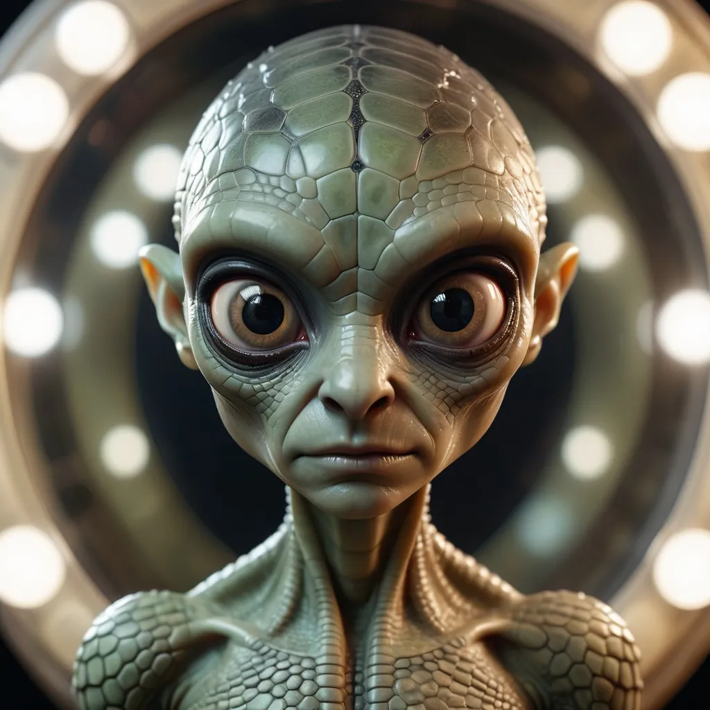 Prompt: Wide angle, full body photo of a female reptilian alien, with large head and deep black eyes, very little hair. by Flora Borsi. amazing details, hyper-realistic photograph, made of billions of intricate small mirrors, GODLIKE, bokeh, studio photography, cinematic lighting. depth of field. 8k