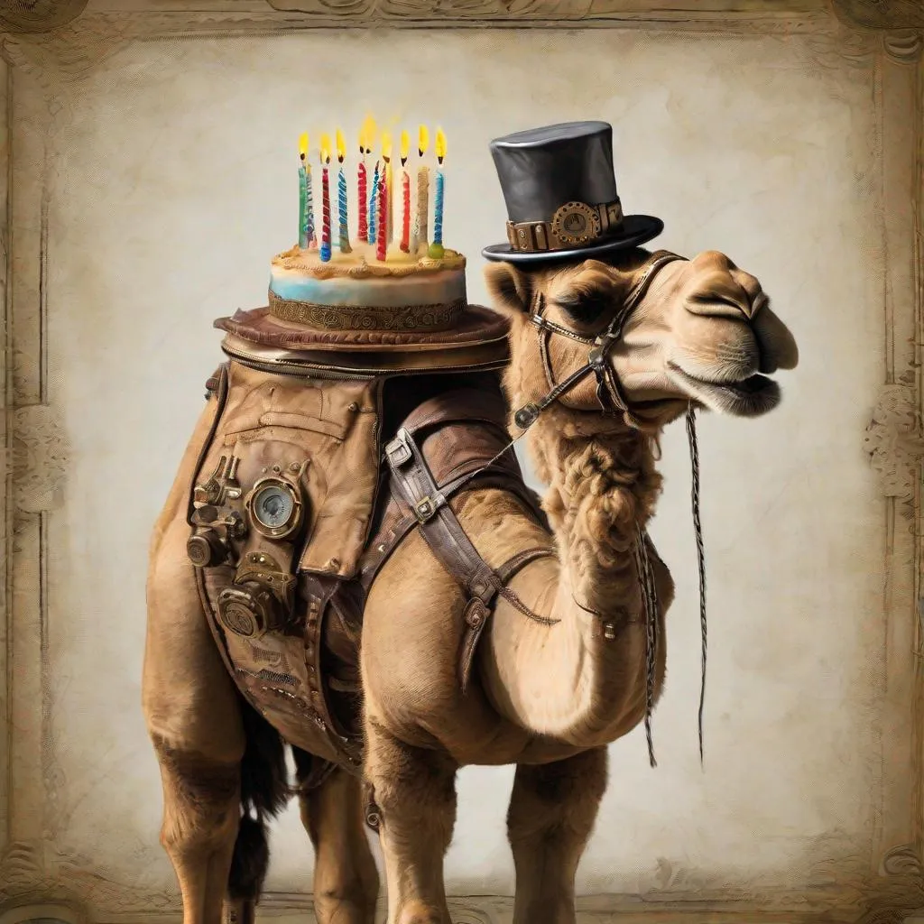 Prompt: Camel wearing a birthday hat blowing out candles on a birthday cake, extremely creative and unique, highly detailed and realistic, steampunk, inspired by Tim Holtz,  realistic happy birthday camel