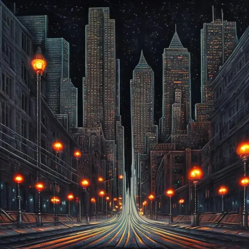 Prompt: Surrealism style night scene of downtown Boston, moonlit cityscape, surreal street lights, ethereal skyscrapers, dreamlike atmosphere, detailed urban landscape, surrealistic elements, high quality, surrealism, moonlit, downtown Boston, detailed cityscape, dreamlike, street lights, ethereal, surrealistic, urban landscape, atmospheric lighting