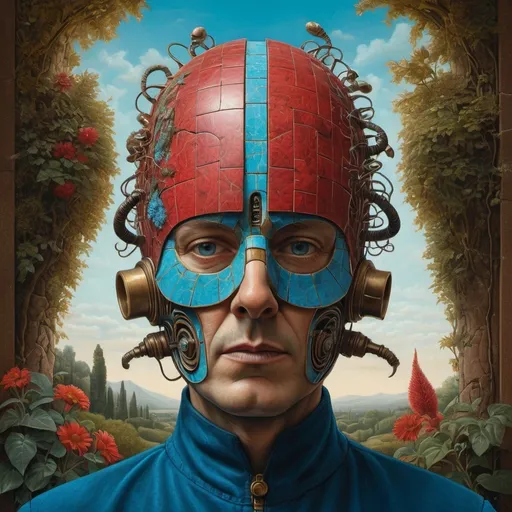 Prompt: An electrocurrent device wrapped around a man's head, leather mask, standing in a garden.  Style of Jacek Yerka. Art on cracked paper. The color palette is Crimson Red, Antique Brass, Cerulean Blue. 3D, deep focus, 8k. Mixed media collage using large pieces of Fabric, Aged Paper, Acrylic Paint. Mosaic, chiaroscuro.
, sf, intricate artwork masterpiece, ominous, matte painting movie poster, golden ratio, trending on cgsociety, intricate, epic, trending on artstation, by artgerm, h. r. giger and beksinski, highly detailed, vibrant, production cinematic character render, ultra high quality model