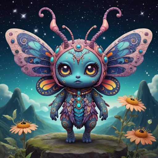 Prompt: mean and evil Fantasy creature,  bohemian with mystical eerie landscape, flying magic insects, kawaii chibi, detailed eyes, vibrant colors, intricate patterns, highres, mystical, whimsical, bohemian, vibrant colors, retro, chibi, celestial, intricate patterns, magic