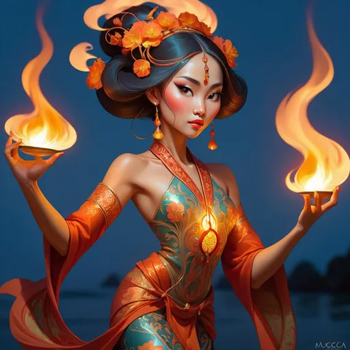 Prompt: Art Noveau by Muccia,  Vietnamese lady, Khon flame dancer,  Art Noveau  muccia illuminated by firey moonlight.