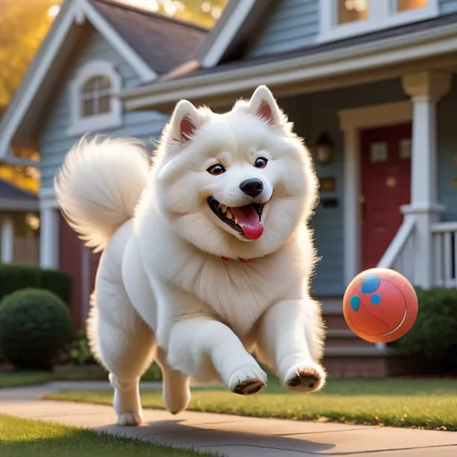 Prompt: Draw in profile, an adult Samoyed dog, with a ball stuck in her mouth, running with a ball in her mouth, very happy, in front of the house, with lots of details, inspired by Disney, Pixar and Dreamworks.