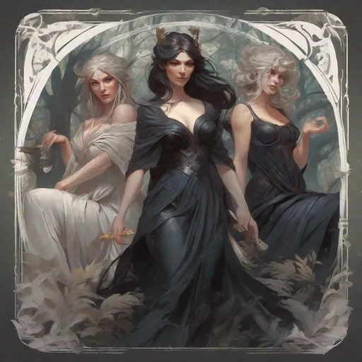 Prompt: playing card of the three fates, dark and ethereal, wild hairs, expressive poses, dark dress, fantasy, intricate, dark forest background, highly detailed, digital painting, artstation, concept art, smooth, sharp focus, illustration, art by artgerm and greg rutkowski and alphonse mucha