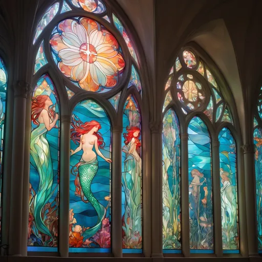 Prompt: Nouveau Mermaid Stained Glass Cathedral, Alphonse Mucha, James Jean, Erin Hanson, hyperdetailed, backlit