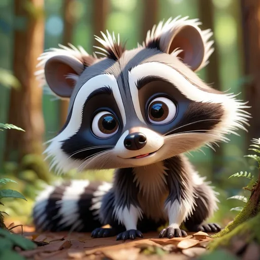Prompt: Disney Pixar style cute raccoon and skunk, highly detailed, fluffy, intricate, big eyes, adorable, beautiful, soft dramatic lighting, light shafts, radiant, ultra high quality octane render, daytime forest background,bokeh, hypermaximalist