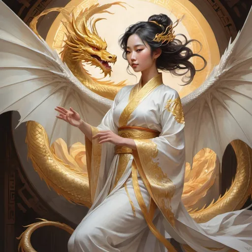 Prompt:  Intricate full-length portrait of a Chinese dragon radiating power with golden, shimmering scales, arched gracefully, archangel in flowing white robes beside, wings massive and outstretched, serene, warm, tranquil ambiance, soft watercolor aesthetic, dragon and angel as focal points, harmony of contrasting yet complementary natures, art by Stanley Artgerm Lau, Charlie Bowater, Atey Ghailan, Mike Mignola