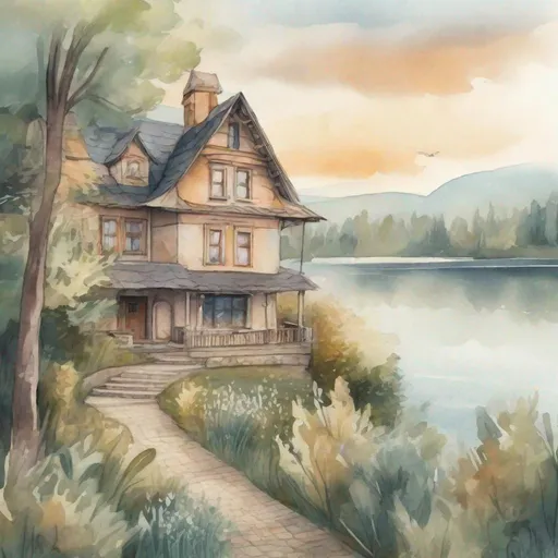 Prompt: strybk, a picture of a beautiful  house with a view of the lake
"A PICTURE like an oil painting", kids story book style, muted colors, watercolor style