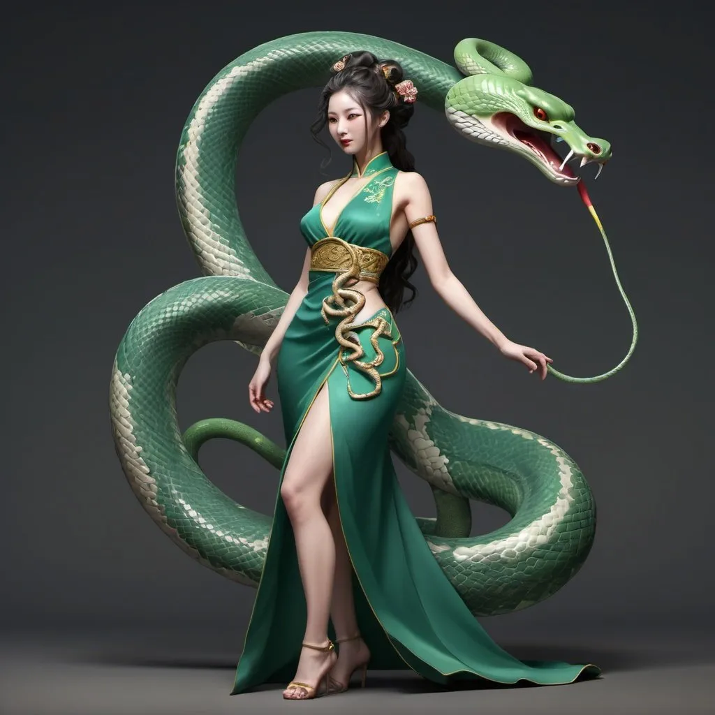 Prompt: Snake model in Chinese dress, similar to Snake Ears Nymph, Medusa, walking upright, realistic, intricate CG drawing