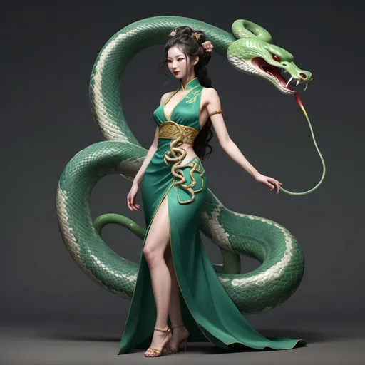 Prompt: Snake model in Chinese dress, similar to Snake Ears Nymph, Medusa, walking upright, realistic, intricate CG drawing