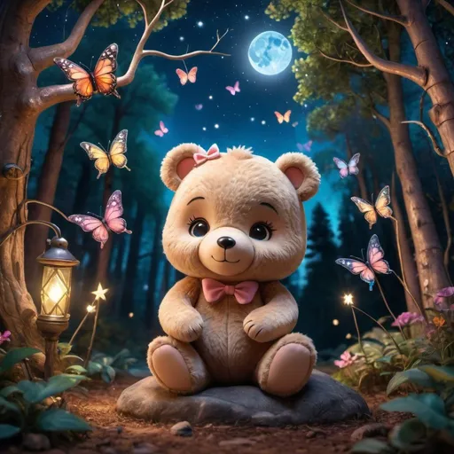 Prompt: Step into a dreamy forest filled with wonder and joy. A chibi version of your favorite Disney characters play with a cute baby bear under the sparkling lights of the night sky. The colorful butterflies add a touch of magic to this hyperrealistic image, captured in stunning HDR with intricate details and sharp focus. With 64 megapixels, every detail of this enchanted world will come to life before your eyes, 8K, High quality, super Realistic