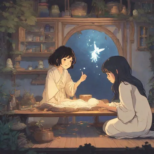 Prompt: A image showing Hana learning the ancient art of firefly magic from Mitsuko girl who is ghost.
Art Form: Digital Illustration
Inspiration: Hayao Miyazaki
Description: In a digital illustration series, Hana's journey of mastering firefly magic under Mitsuko's tutelage comes to life. The scenes are rich with detail, portraying her emotions, from curiosity to accomplishment. The color palette shifts, and the atmosphere evolves to reflect the enchanting world of firefly magic, inviting viewers to join Hana on her mystical path.
