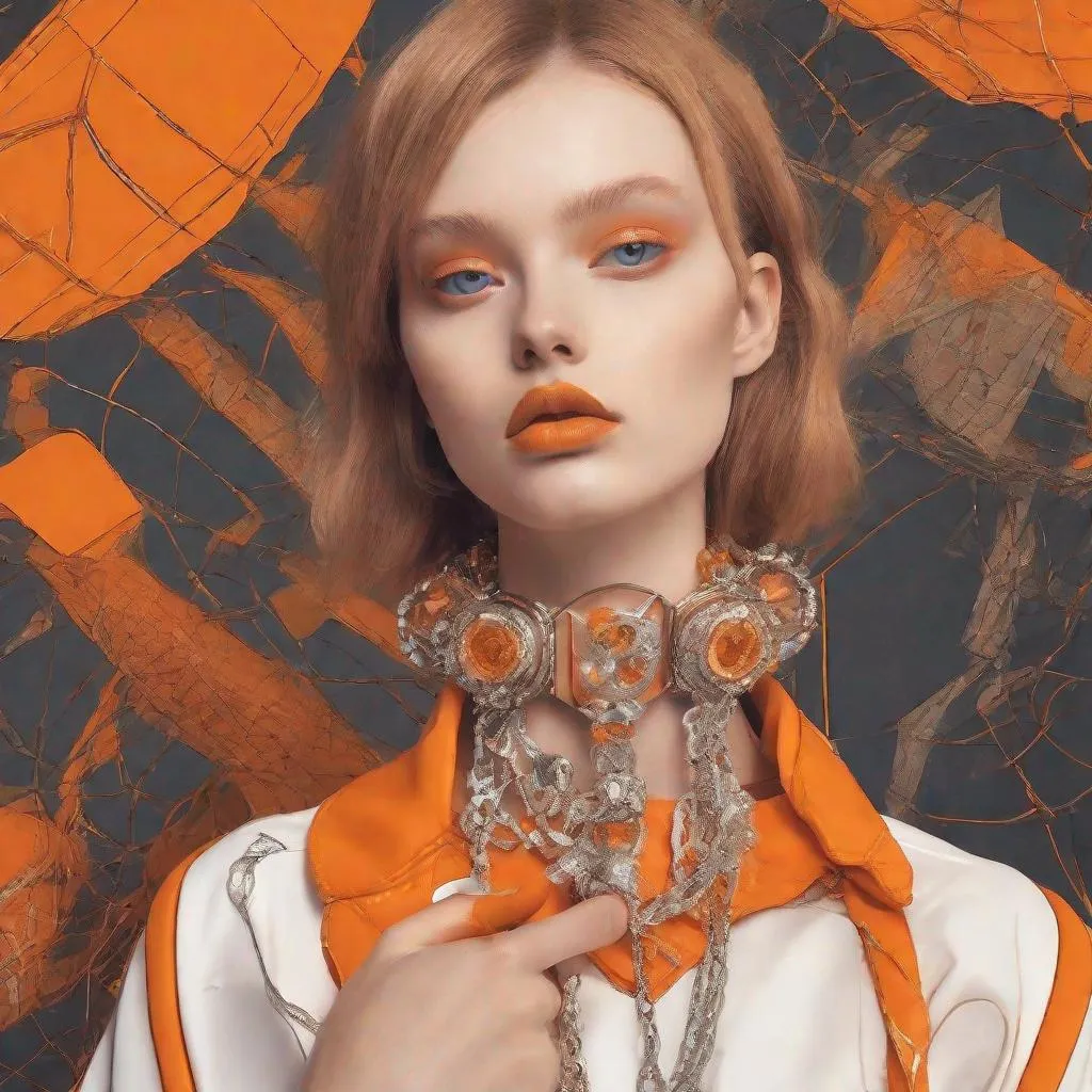 Prompt: Girl in eco friendly haute couture outfit in the style of anime, surrealism, akira style. details. fine jewelry. eco friendly. orange vibe.