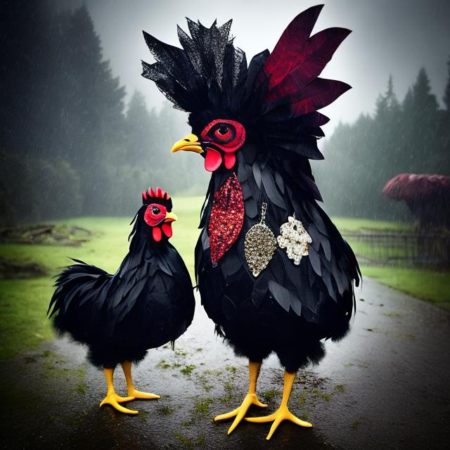 Prompt: goth metaphorical chicken haute couture on a gloomy rainy bumbershoot fashion set 