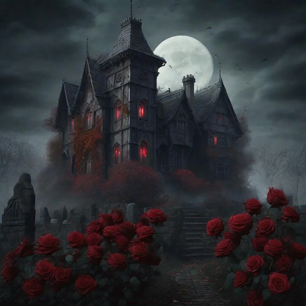 Prompt: dark fantasy, detailed medieval mansion at middle of a graveyard, autumn, mist, eerie, night, full moon stacheldraht red roses