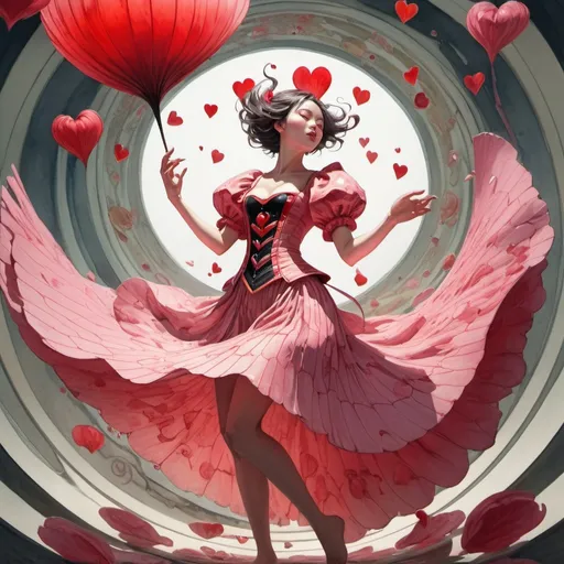 Prompt: girls dancing around the queen of hearts. swirling pink petals. Android Jones, Japanese Art, James Jean, Erin Hanson, Anna Dittmann, watercolor, natural lighting, volumetric lighting maximalist, photo illustration 32k resolution concept art intricately detailed, complex, elegant, expansive, fantastical, golden ratio principles, haunted, glass sculpture, madoka magica, honeycomb patterns, concept art by makoto shinkai, conrad roset, autochrome, 8k resolution, highest quality, arthur rackham, watercolor wet inkwash, artstation, 