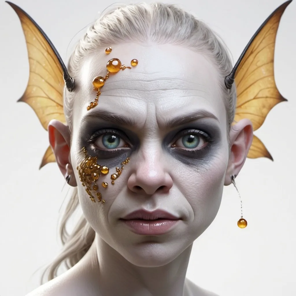 Prompt: Photorealism, white background, minimalism, unusual, spectacular Fairy-Orc in symbiosis with cute, kind creatures, honey-sand-osmium in a transparent head, hyper-detailing of the face and body, huge eyes, colored eyes, mysticism, white backlight, fantasy, diffuse light, glitter, professional photo, 3D, 32k, high resolution, high detail, hyperrealism, f / 16, 300 dpi, DoF, high detailed digital painting, photo painting, gothic, illusion, realistic, 100 iso, art nouveau, art noir, intricate details