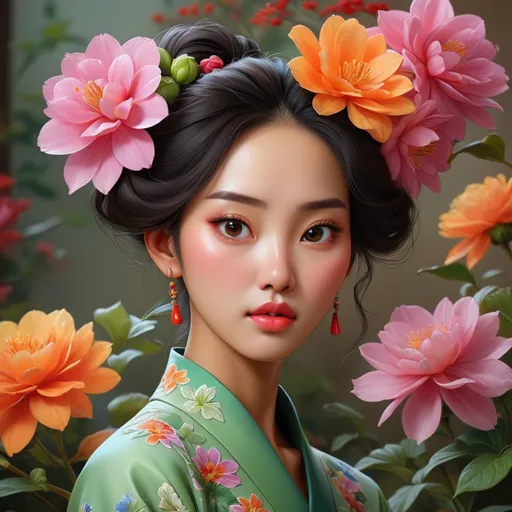 Prompt: Kim Soo-ja, realistic description, flowers, breathtaking beauty, mesmerizing masterpieces, textures and details Highly refined digital painting, perfect composition, vivid colors, ultra-fine resolution, by Sooja