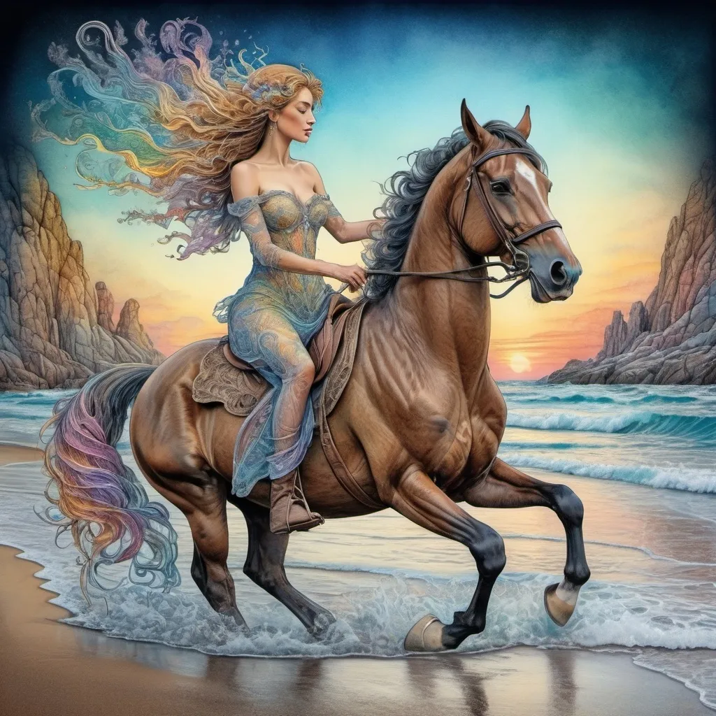 Prompt: Continuous line drawings of woman on a horse riding on a beach pastel colors in the style of Josephine Wall, ice element, Ultrarealistic digital illustration, detailed watercolor drawing on soft paper, Contemporary beautiful art, sensuality, atmospheric, dark fantasy, fantasy, magic, botanical, ethereal, super-detail, psychedelic colors, dark colors, golden ratio, high quality, HDR, 1024k, professional, depth, detailed shading, sharp with pastel colors in the style of Josephine Wall, ice element, Ultrarealistic digital illustration, detailed watercolor drawing on soft paper, Contemporary beautiful art, sensuality, atmospheric, dark fantasy, fantasy, magic, botanical, ethereal, super-detail, psychedelic colors, dark colors, golden ratio, high quality, HDR, 1024k, professional, depth, detailed shading, sharp