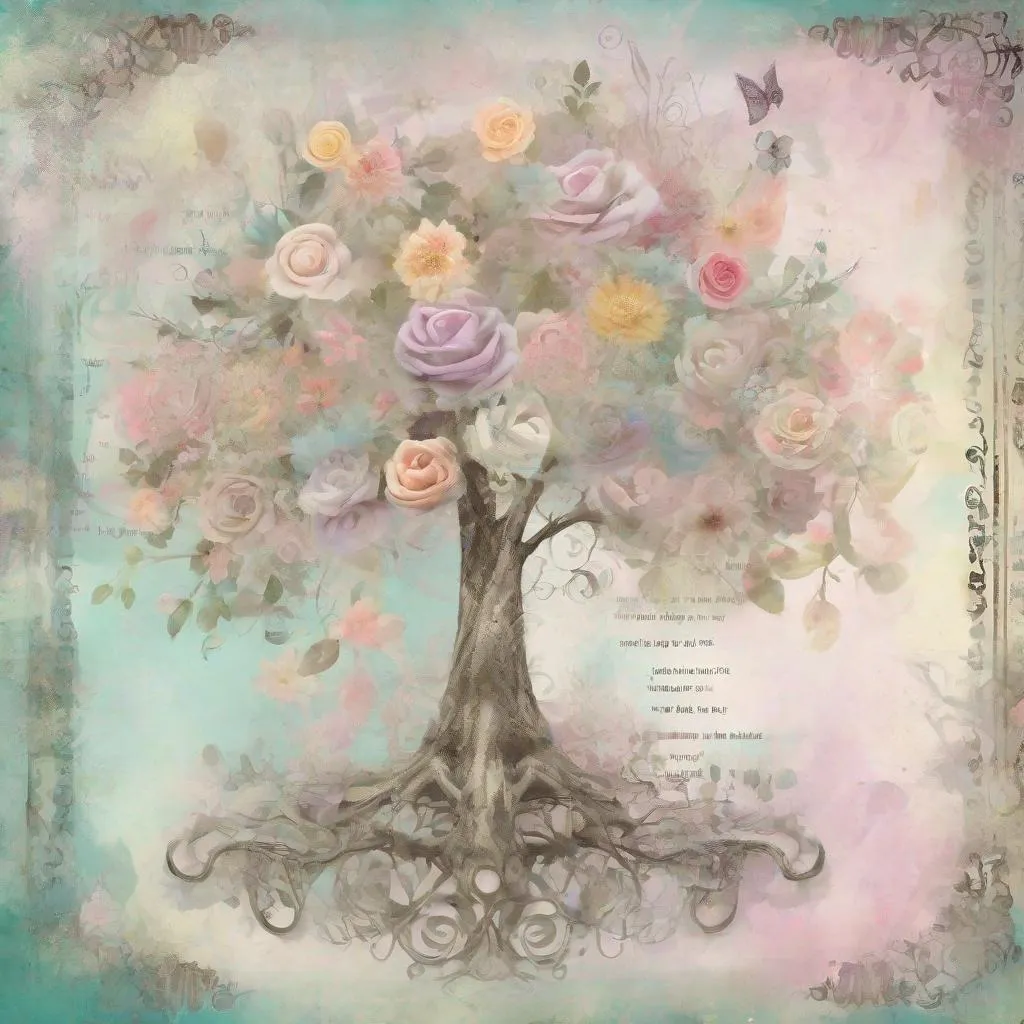 Prompt: shabby chic dreamy mist pastel junk journals phrase flower tree swirling magical fairytale abstract art style