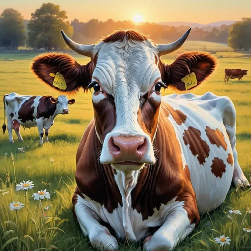 Prompt: an ultra-detailed multicolored portrait, as if painted with a richness of detail of a Cow in a meadow at sunrise, with birds perched along its back. The serene cow, bathed in the bright morning light, is in harmony with the peaceful meadow. The birds, adding a lively touch to the scene, sit comfortably along the cow's back. The background of the meadow is illuminated by the rising sun, enhancing the tranquil and picturesque atmosphere of the scene.