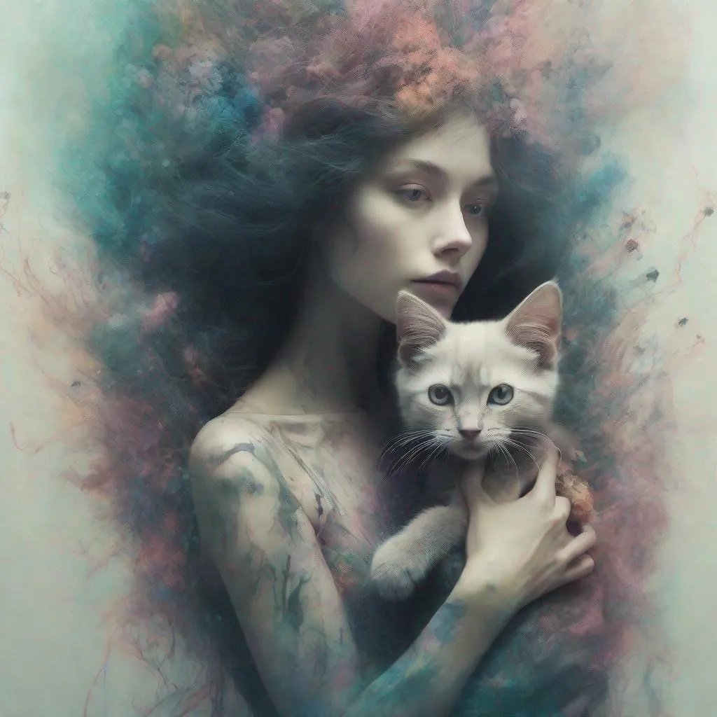 Prompt: By Alan Feltus, by Yvonne coomber and Tim Burton By Marco Mazzoni, By Paolo Roversi, a girl hugs a one kitten 


Mysterious background. supernatural, 

secret doorway pastel, 
double exposure, 

fantasy, 

mysterious, 

Shadow play. lush , 
reimagined by industrial magic, 

intricate artwork masterpiece, 

trending on artstation, 

behance hd Insane art by beeple & Craig Davison. **Ultra HD, 

an incredible fantasy in the development of an idea and composition, 

which turns out to be extremely surreal. the brightness is volumetric. The doppie of the exposition.

organic, 

in the style of Leonardo Senas, 

Philippe de Champaigne. Shallow depth of field. Wet reflective ground.Contax G2, hyper realistic, 
splashes on the edges of the image masterpiece, 

