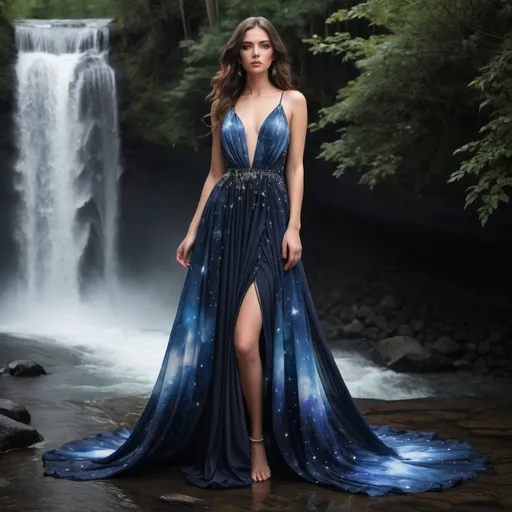 Prompt: The Celestial Cascade Gown is an elegant and unique dress inspired by the beauty of the night sky and the enchanting flow of waterfalls. This gown is designed for those who want to make a statement at a special event or red carpet occasion. It combines elements of celestial beauty and the grace of cascading waterfalls, resulting in a truly one-of-a-kind design., Mysterious