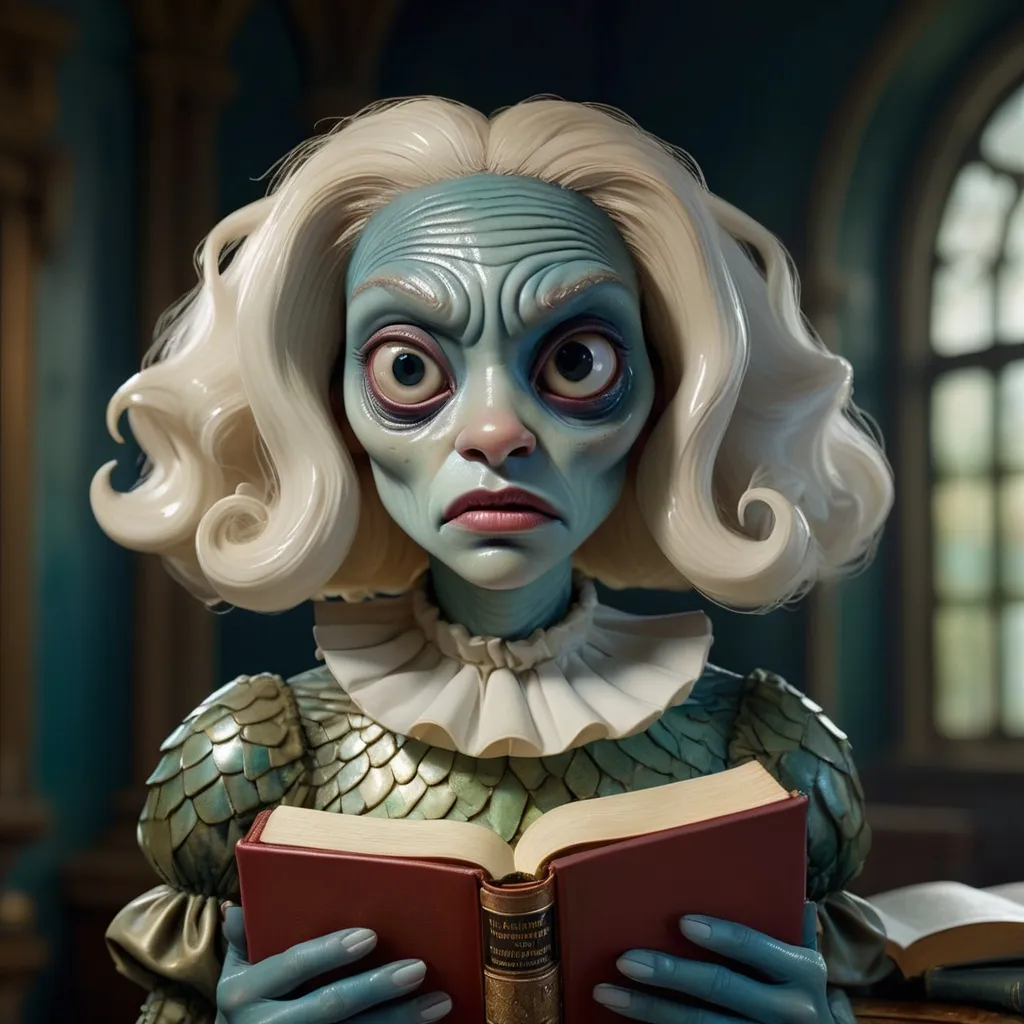 Prompt: photorealism, an anthropomorphic lady fishface hybrid creature holding a bible, extremely realistic, sharp details, shot by Steven Klein and Nan Goldin, intricately detailed background, photorealism, insanely detailed face, perfect pupils, expressive eyes, ambient lighting, intricately detailed location, HD, 8k