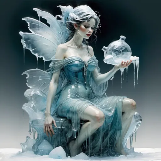 Prompt: Ice sculpture in the form of a woman, in the style of Harrison Fisher and Brian Froud and Jeremy Mann, 
whimsical, adorable, vibrant colors, gloss, surreal, thick brush strokes, layered textures, magical, mythical