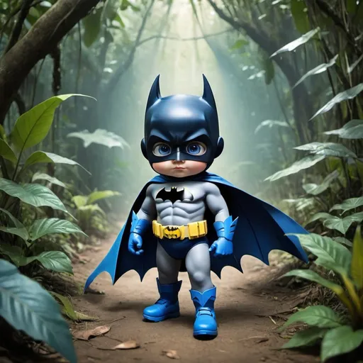 Prompt: A boy and his cute blue batman adventure into the jungle