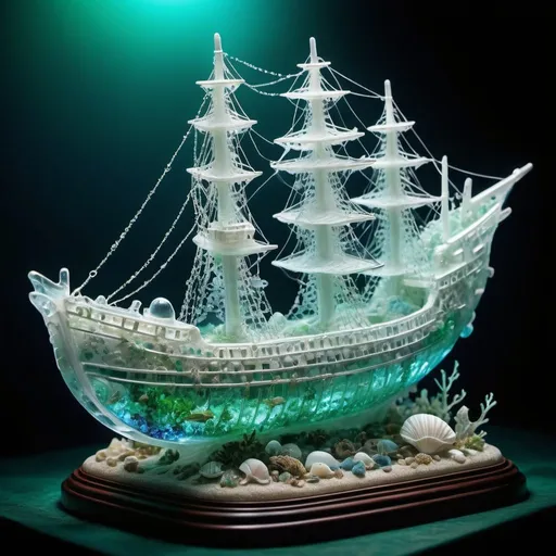 Prompt: Delicate light transparent crystal glass sculpture of a white sunken ship, without sails and full of holes, covered in shells and algae, ghostly underwater background is green/blue glitter, luminous opalescent, extreme contrast & saturation, shimmering, magical fantasy artwork entirely made of crystal glass, zentangle, realistic lifelike cgi diorama, dramatic natural lighting, CGI VFX fineart"