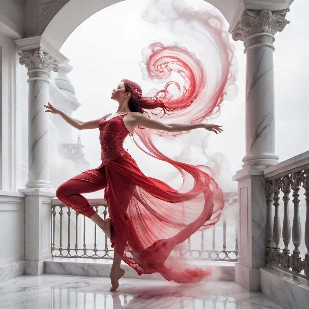 Prompt: Visualize an image featuring a mystical female fairy composed entirely of swirling, liquid crimson. She is performing an elegant dance on an immaculate white marble balcony. The background of the scene is filled with soft, billowing white smoke making a stark contract with the fairy.