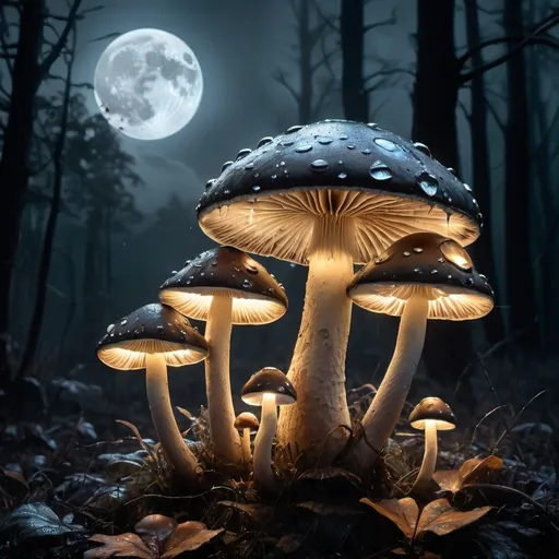 Prompt: (glowing mushrooms) kissed by the rain under a full moon, artstyle-steampunk, dark color scheme, fog, misty atmosphere, intricate details on mushrooms, metallic elements, Victorian-inspired, dimly lit with glowing highlights, low-lying dense fog, night-time setting, reflective raindrops, mystical and eerie mood, shadows cast by the moonlight, forest background, deep blacks and silvers, ultra-detailed, 4K.