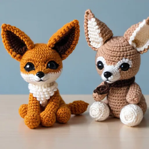 Prompt: A little crocheted fennec fox sitting on a table next to a little crocheted dog
