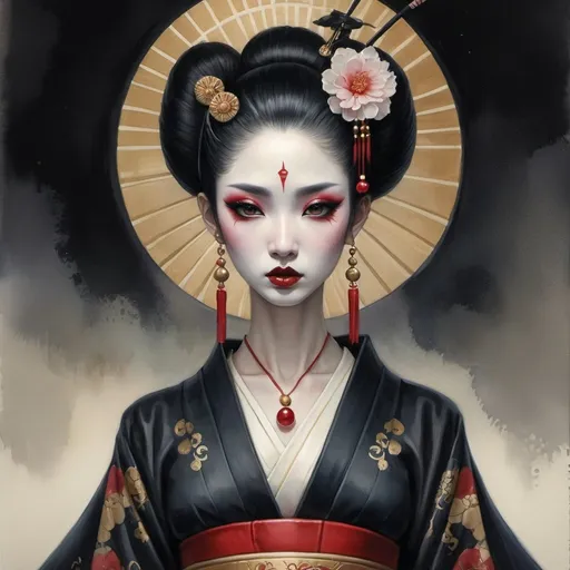 Prompt: watercolor painting of a japanese bjd geisha vampire with a long neck by tom bagshaw, amy sol, mark ryden in the style of thoth tarot card, dark - fantasy, vintage manga, red, gold, black