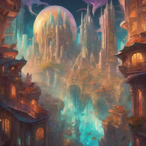 Prompt: A surreal digital painting seamlessly blending elements of different worlds into one fantastical scene. Crystal castles float above a futuristic city where dragons soar between skyscrapers. Imaginative visual storytelling merges themes of magic and technology. Vibrant colors and lighting enhance the mood. Rendered in the fantasy art style of Alphonse Mucha.