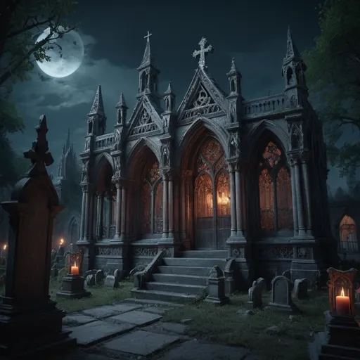 Prompt: dark mysterious abandoned cemetery in the gothic court yard on the dark night gothic photorealistic gothic feel Epic cinematic brilliant stunning intricate meticulously detailed dramatic atmospheric maximalist digital matte painting detailed matte painting, deep color, fantastical, intricate detail, splash screen, complementary colors, fantasy concept art, 8k resolution trending on Artstation Unreal Engine 5, trending on artstation, sharp focus, studio photo, intricate details, highly detailed, by greg rutkowski, trending on artstation, sharp focus, studio photo, intricate details, highly detailed, by greg rutkowski, Miki Asai Macro photography, close-up, hyper detailed, trending on artstation, sharp focus, studio photo, intricate details, highly detailed, by greg rutkowski