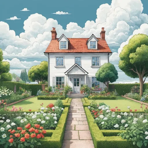 Prompt: illustration, a house, garden, lots of clouds