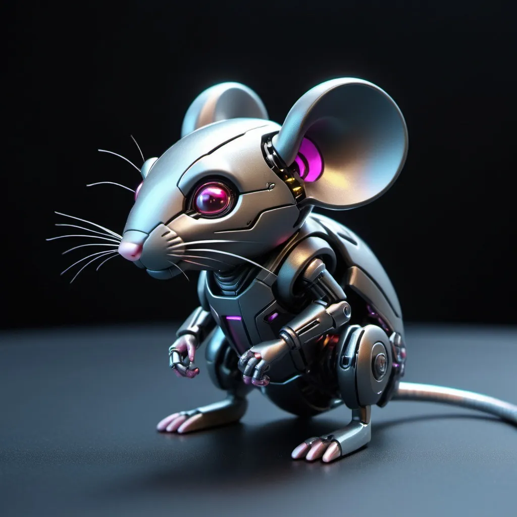 Prompt: Tiny mouse mech, metallic and sleek design, futuristic sci-fi style, intense grey and black color scheme, sparkling neon lights, miniature scale, highres, ultra-detailed, sci-fi, futuristic, metallic sheen, intense color scheme, miniature scale, neon lights, detailed design, professional, atmospheric lighting