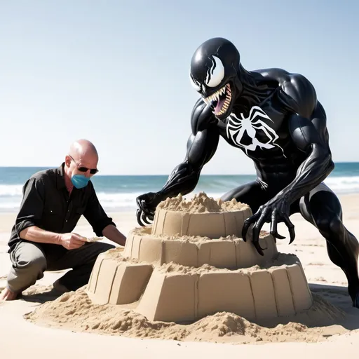 Prompt: Venom Symbiote, making a sand castle, Walter White Breaking bad helping, beach background