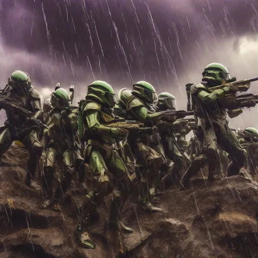 Prompt: double-exposure, low-angle panorama, glossy army of goblin-troopers with elf-ears, amassed on hilltop, facing away from camera, rain, motion capture, varied futuristic sniper exosuits, dramatic clouds and lightning; sepia, amber, golden brown, blue-grey, green, cold purple neon; detailed, cinematic, photorealistic, maximalist; ambient occlusion, dramatic lighting, ray tracing, beautiful composition, deep depth of view; sergio toppi, jae lee, david mack, joe chiodo, humberto ramos, Makoto Shinkai, J.C. Leyendecker, ilya Kuvshinov, Royo, Karol Bak, Alphonse Mucha, Jordan Grimmer, Greg Rutkowski