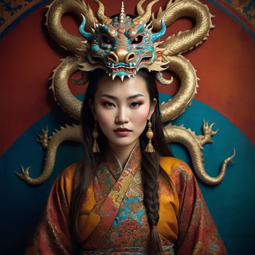 Prompt: Fashion shot of a beautiful Bhutan woman, Dragons, well lit, traditional masks, traditional clothing, high heels, full body, Brooke Shaden, surrealism, modern art, abstract, delicate make-up, Vogue Style, vivid colors, complex background, highly detailed, intricate details, High Quality, Unreal, Mysterious