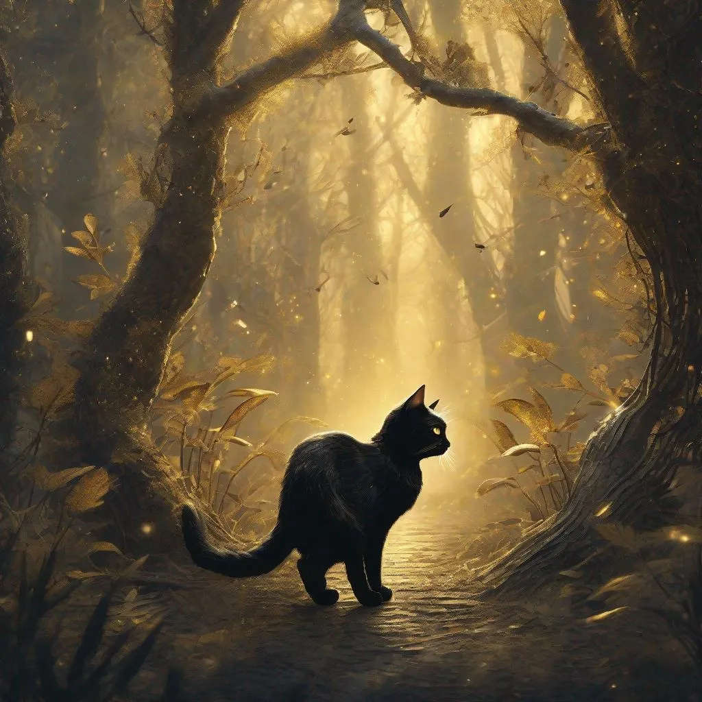 Prompt: An illustration of a small magical cute forest black gold cat,  magical gold dust in the air, intricate details, Jean-Baptiste Monge style, dramatic shooting angle, atmospheric particles, real, raw cinematic photorealism, action portrait, 8k, detailed, centered, full frame




