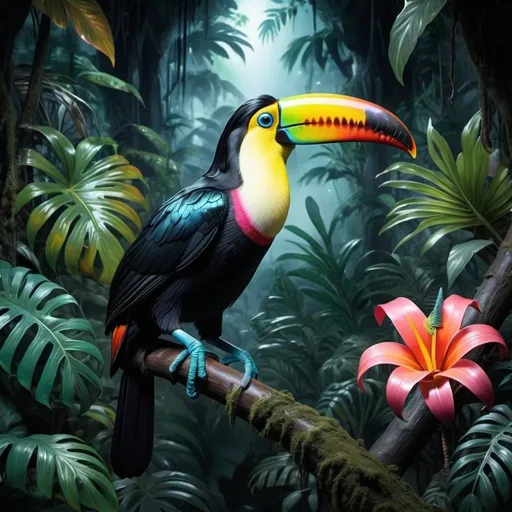 Prompt: A beautiful 3D photorealistic hyperrealistic elaborate ultra-detailed  airbrushed hazy Dark colorful “bioluminescent nature flower toucan in jungle palace of elves” in a forest at night . High color contrast, triatic colors